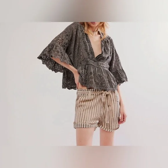 Free People Striped Tan and Gray Cargo Shorts - Picture 3 of 10